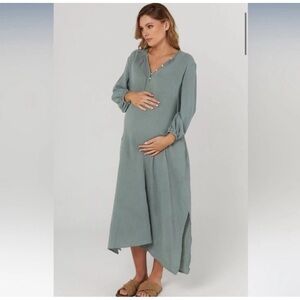 LÉGOE HERITAGE Mayfield Maternity Dress Sage Green Cotton Pockets  Slits SZ *0